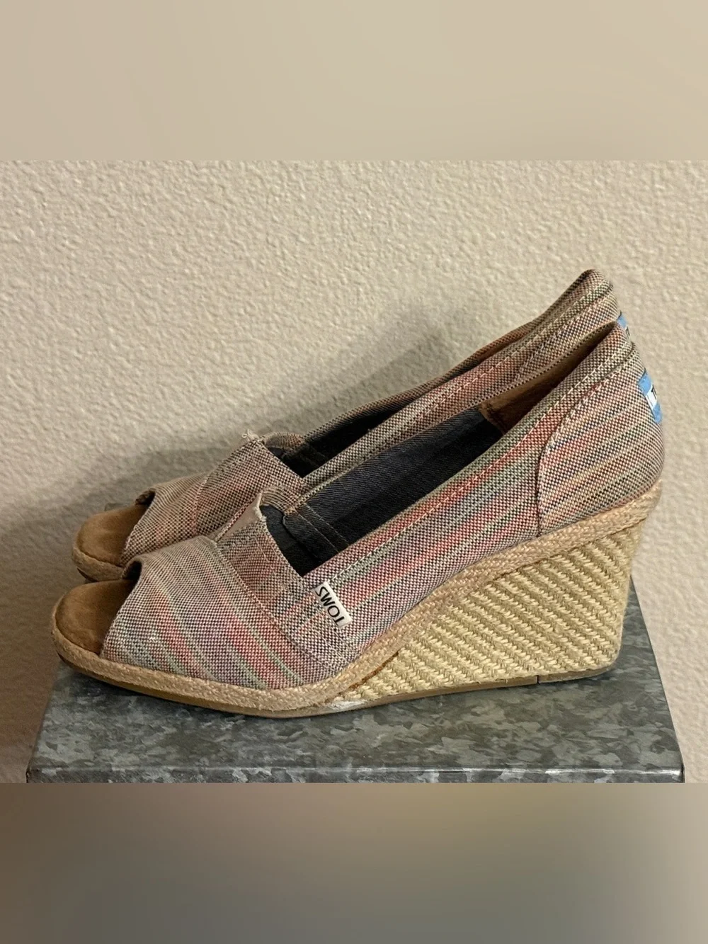 Toms Rainbow Stripe Canvas Wedge Espadrille Peep Toe, Size 9.5